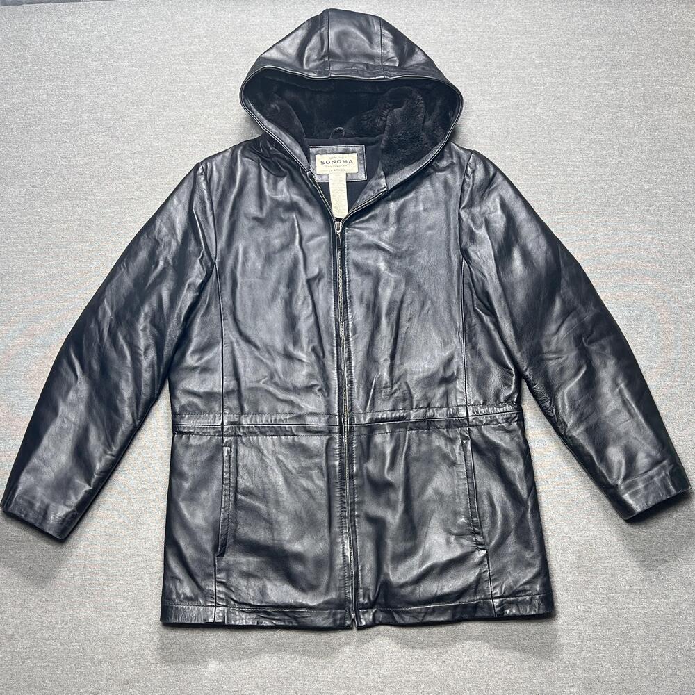 Sonoma Jean Company Jacket Mens Medium Black Leather Hooded Fleece Lined Coat